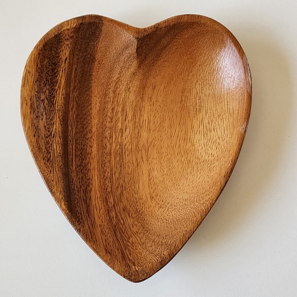 Heart Shaped Wooden Bowl Brown Oak Wood Hand Carved Catchall Dish Cottagecore